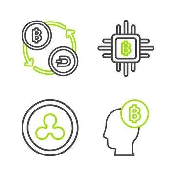 Set line Bitcoin think, Cryptocurrency Ripple XRP, CPU mining farm and exchange Stock Illustration