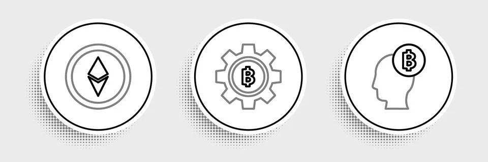 Set line Bitcoin think, Cryptocurrency Ethereum ETH and  icon. Vector Stock Illustration