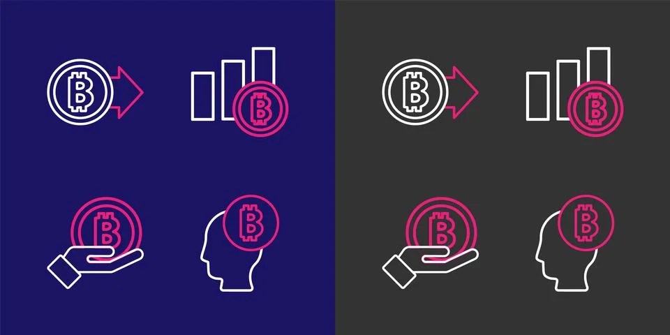 Set line Bitcoin think, Hand holding, Pie chart infographic bitcoin and  ic.. Stock Illustration