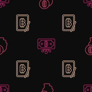 Set line Bitcoin think, Mining bitcoin from tablet and with circuit on seamless イラスト素材
