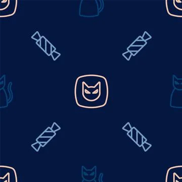 Set line Black cat, Candy and on seamless pattern. Vector イラスト素材