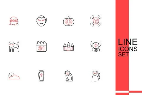 Set line Black cat, Owl bird, Coffin with christian cross, Moon and stars, .. Stockillustratie
