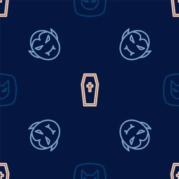 Set line Black cat, Vampire and Coffin with christian cross on seamless pattern Stock Illustration