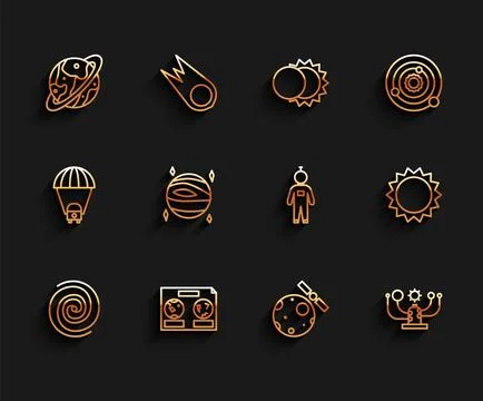 Set line Black hole, Celestial map of the night sky, Space capsule and para.. Stock Illustration
