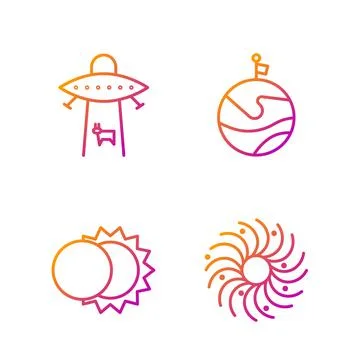 Set line Black hole, Eclipse of the sun, Planet and Moon with flag. Gradient Ilustração Stock