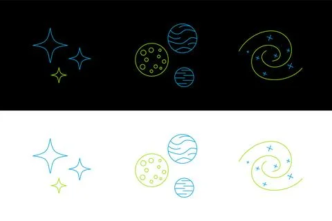 Set line Black hole, Falling star and Planet icon. Vector Stock Illustration