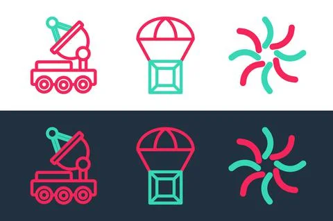Set line Black hole, Mars rover and Box flying on parachute icon. Vector イラスト素材