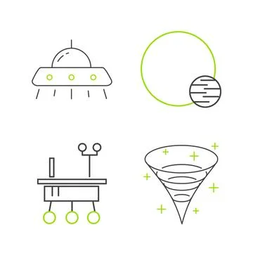 Set line Black hole, Mars rover, Planet and UFO flying spaceship icon. Vector Stock Illustration