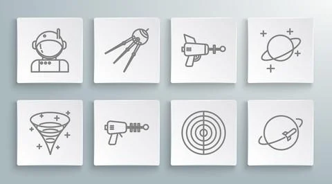 Set line Black hole, Satellite, Ray gun, Earth structure, Planet,  and Astr.. Stock Illustration