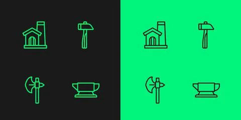 Set line Blacksmith anvil tool, Medieval axe, Smithy workshop interior and Illustrazione stock