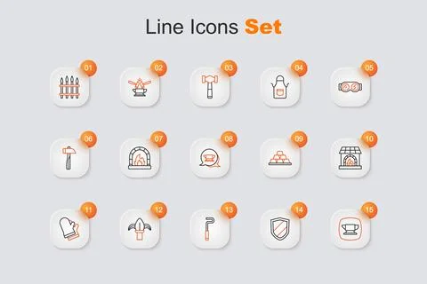 Set line Blacksmith anvil tool, Shield, Fire poker, Classic iron fence, Pro.. Illustrazione stock