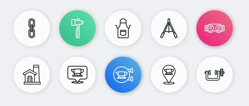 Set line Blacksmith anvil tool, Welding glasses, Smithy workshop interior, .. Illustrazione stock