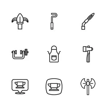 Set line Blacksmith anvil tool, Hammer, Medieval poleaxe, apron, Welding to.. Stock Illustration