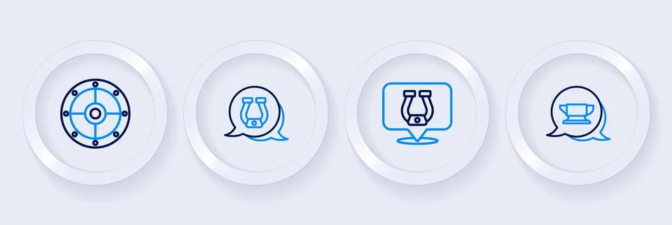 Set line Blacksmith anvil tool, Horseshoe,  and Round shield icon. Vector Stock Illustration