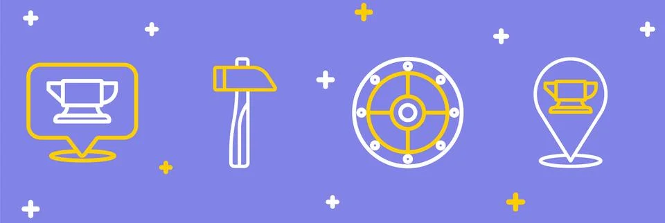 Set line Blacksmith anvil tool, Round shield, Hammer and  icon. Vector Stock Illustration