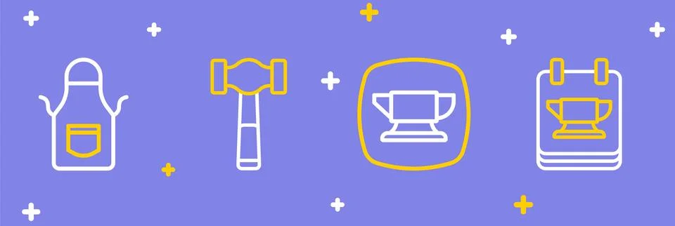 Set line Blacksmith anvil tool, Hammer and apron icon. Vector Illustrazione stock