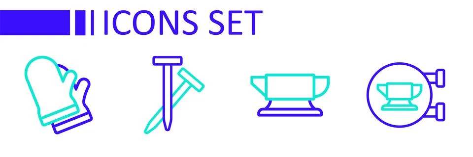 Set line Blacksmith anvil tool, Metallic nails and Protective gloves icon. .. Stock Illustration