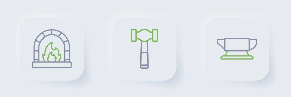 Set line Blacksmith anvil tool, Hammer and oven icon. Vector Stock Illustration