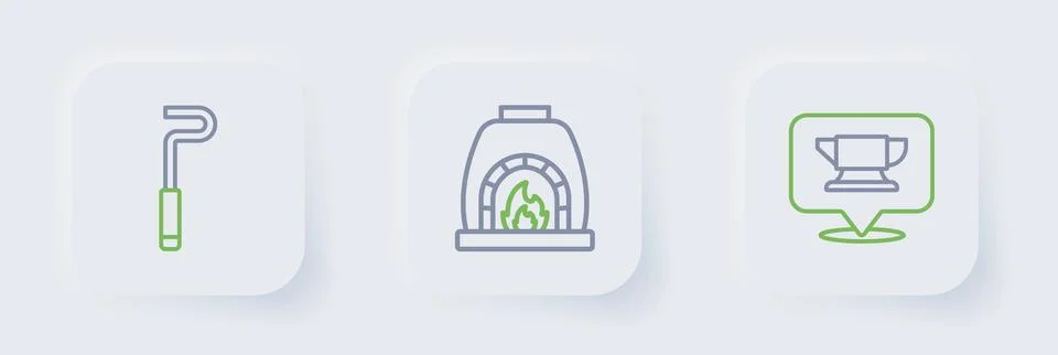 Set line Blacksmith anvil tool, oven and Fire poker icon. Vector Stock Illustration