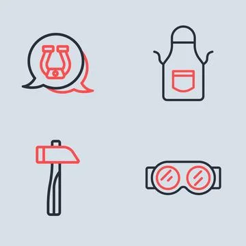 Set line Blacksmith apron, Hammer, Welding glasses and Horseshoe icon. Vector Stock Illustration