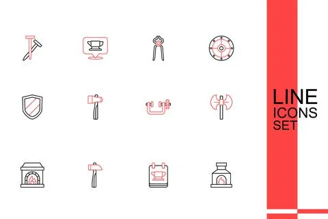 Set line Blacksmith oven, anvil tool, Hammer, Medieval poleaxe, Clamp and s.. Ilustração Stock