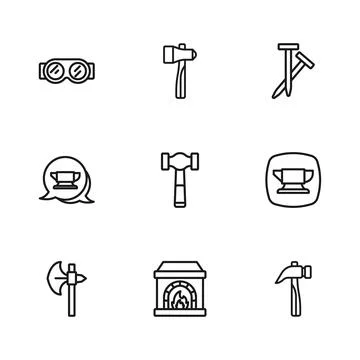 Set line Blacksmith oven, anvil tool, Hammer, Metallic nails, Welding glass.. Stock Illustration