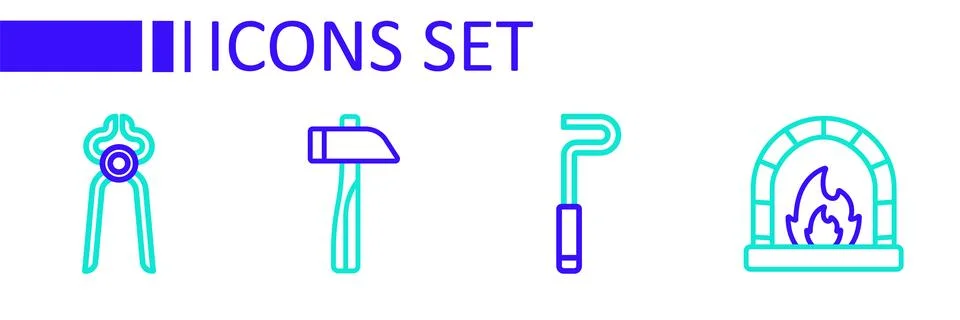 Set line Blacksmith oven, Fire poker, Hammer and pliers tool icon. Vector Stock Illustration