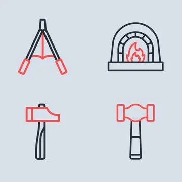 Set line Blacksmith oven, Hammer,  and Air blower bellows icon. Vector Stock Illustration