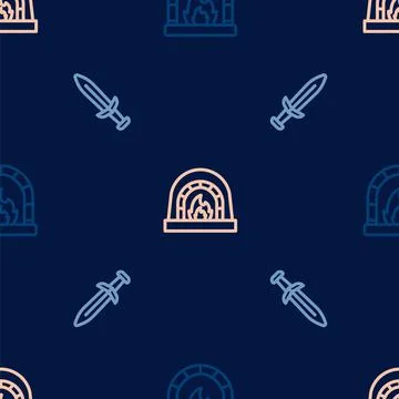 Set line Blacksmith oven, Medieval sword and on seamless pattern. Vector Stock Illustration