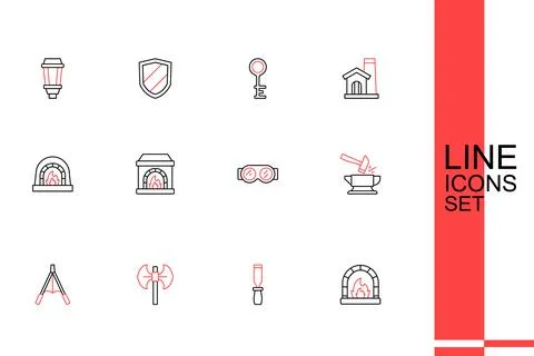 Set line Blacksmith oven, Rasp metal file, Medieval poleaxe, Air blower bel.. Stock Illustration