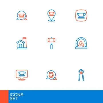 Set line Blacksmith pliers tool, Horseshoe, anvil, oven, Smithy workshop in.. Illustrazione stock