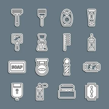 Set line Blade razor, Hand mirror, Bottle of shampoo, Shaving brush, and Stock Illustration