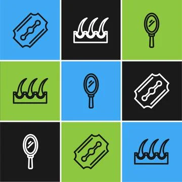 Set line Blade razor, Hand mirror and Human hair follicle icon. Vector Stock Illustration