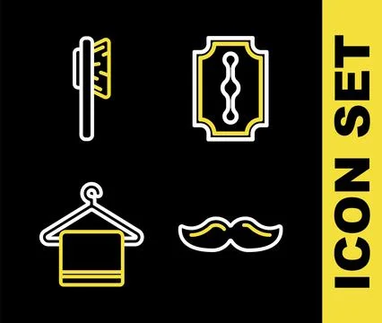 Set line Blade razor, Mustache, Towel on hanger and Hairbrush icon. Vector Stock Illustration