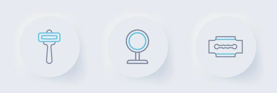 Set line Blade razor, Round makeup mirror and Shaving icon. Vector Stock Illustration