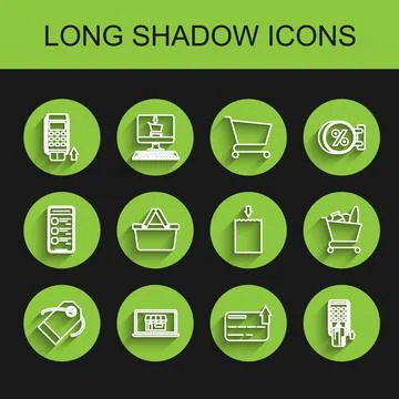 Set line Blank label template price tag, Shopping building on screen laptop, Pos Ilustración de archivo