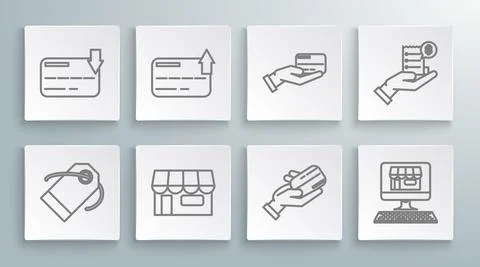 Set line Blank label template price tag, Credit card, Shopping building or Ilustración de archivo