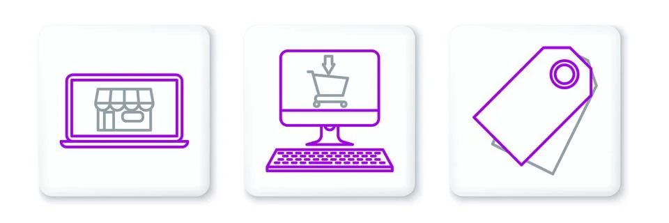 Set line Blank label template price tag, Shopping building on screen laptop a Ilustración de archivo