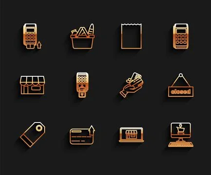 Set line Blank label template price tag, cart computer, POS printed reciept and Illustrazione stock