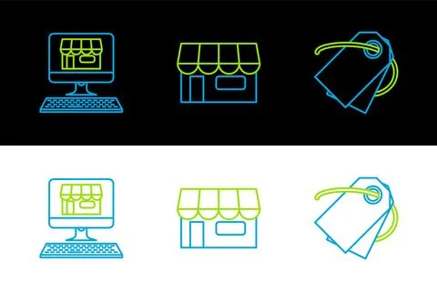 Set line Blank label template price tag, Shopping building on screen computer Ilustración de archivo