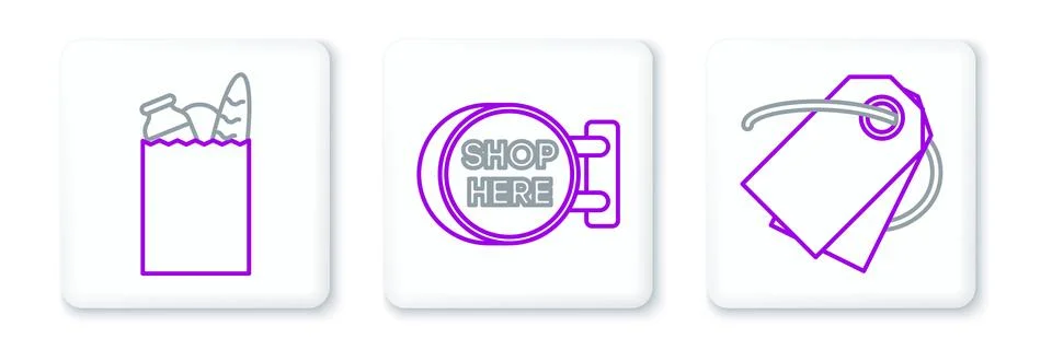 Set line Blank label template price tag, Paper shopping bag and food and Si.. Stock Illustration