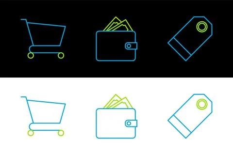 Set line Blank label template price tag, Shopping cart and Wallet with stac.. 库存插图