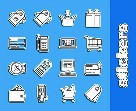 Set line Blank label template price tag, Credit card, Shopping cart, basket.. Stock Illustration
