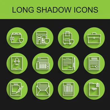 Set line Blank notebook and pen, Mail e-mail, Wallet money with shield, Report Stock Illustration