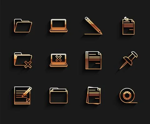 Set line Blank notebook and pencil with eraser, Document folder, File document Stock Illustration