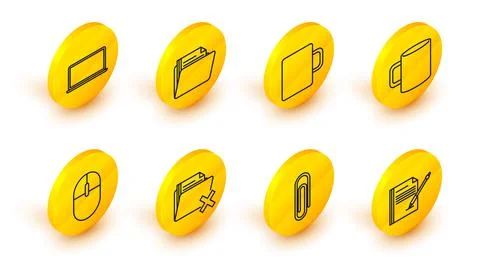 Set line Blank notebook and pen, Paper clip, Delete folder, Computer mouse Stockillustratie