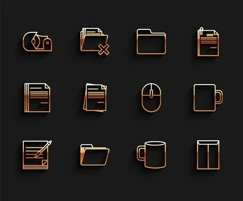 Set line Blank notebook and pen, Document folder, Scotch, Coffee cup flat Stock Illustration