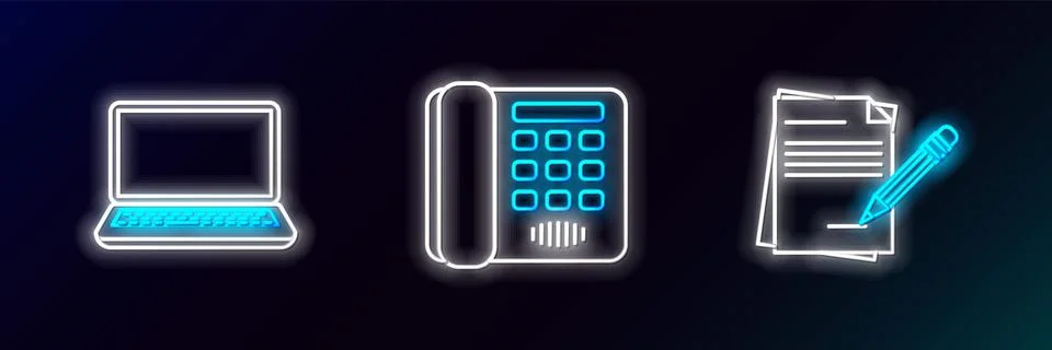 Set line Blank notebook and pencil with eraser, Laptop and Telephone icon 库存插图
