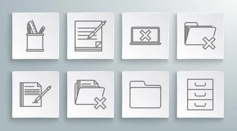 Set line Blank notebook and pen, Delete folder, Document, Drawer with documents Illustrazione stock