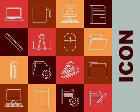 Set line Blank notebook and pen, Document folder, Computer with keyboard x mark Illustrazione stock